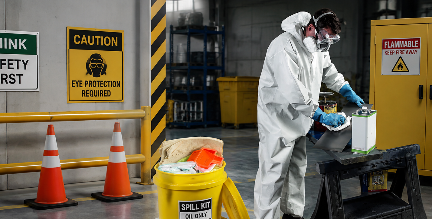 Worker in white hazmat suit using chemical spill kit and safety equipment in industrial facility